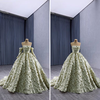 Pleated Olive Wedding Dress Detachable Long Sleeve Formal Gown