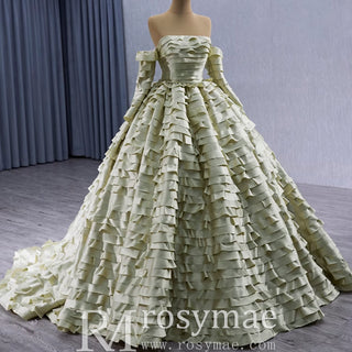 Pleated Olive Wedding Dress Detachable Long Sleeve Formal Gown