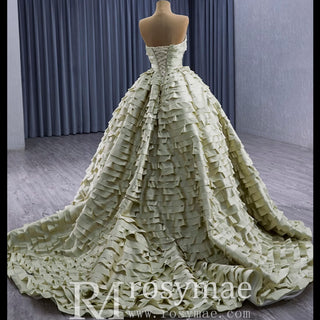 Pleated Olive Wedding Dress Detachable Long Sleeve Formal Gown