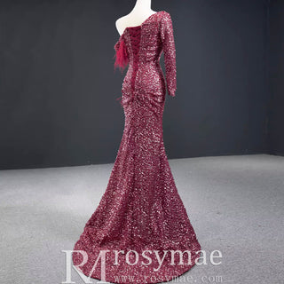 Burgundy Mermaid Sequins One Shoulder Long Sleeve Prom Dress