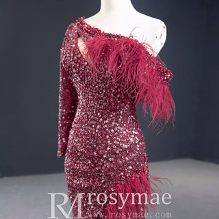 Burgundy Mermaid Sequins One Shoulder Long Sleeve Prom Dress