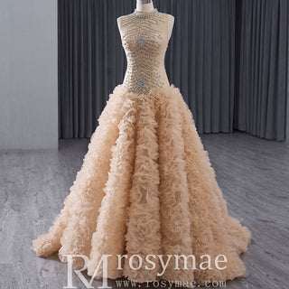 High-end Rhinestone Sequins Pleated Prom Dress Ruched Formal Gown