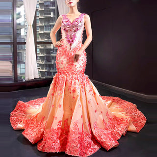Luxury Mermaid Satin Peach V-neck Beading Prom Dress