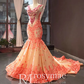 Luxury Mermaid Satin Peach V-neck Beading Prom Dress