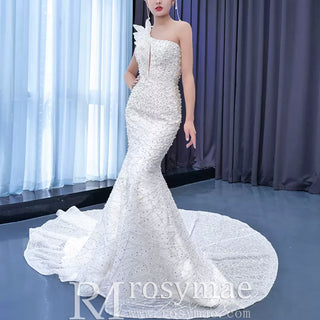 Sparkly Mermaid Sequins Beading Wedding Dress with One Shoulder