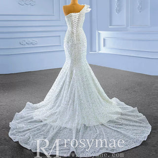 Sparkly Mermaid Sequins Beading Wedding Dress with One Shoulder