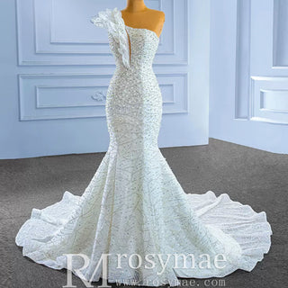 Sparkly Mermaid Sequins Beading Wedding Dress with One Shoulder