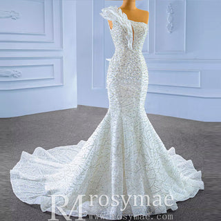 Sparkly Mermaid Sequins Beading Wedding Dress with One Shoulder