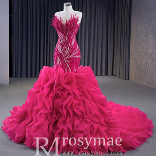 Fuchsia Mermaid Strapless Beading Prom Dress with Ruffle