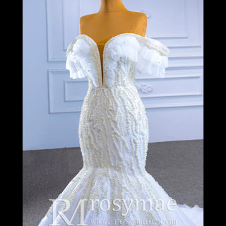 White Mermaid Tulle Off the Shoulder Pearls Wedding Dress