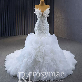 Fuchsia Mermaid Strapless Beading Prom Dress with Ruffle
