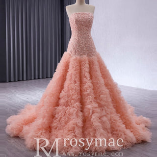 High-end Handmade Ruffles Prom Dress Strapless Formal Gown