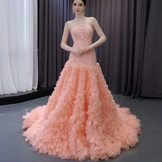 High-end Handmade Ruffles Prom Dress Strapless Formal Gown