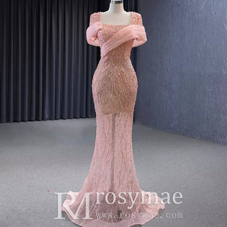 Pink Detachable Train Beading Mermaid Evening Gown See Through Party Dress