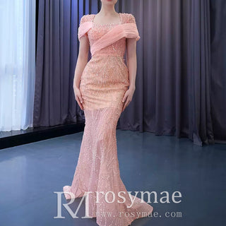 Pink Detachable Train Beading Mermaid Evening Gown See Through Party Dress
