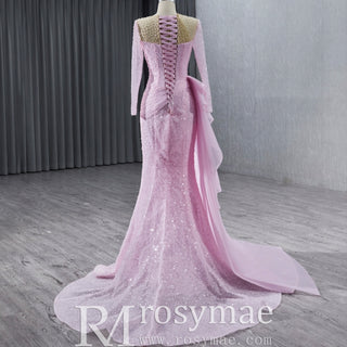 Stylish Beaded Long Sleeve Pink Pageant Gown Mermaid Wedding Dress