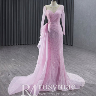 Stylish Beaded Long Sleeve Pink Pageant Gown Mermaid Wedding Dress