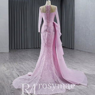 Stylish Beaded Long Sleeve Pink Pageant Gown Mermaid Wedding Dress