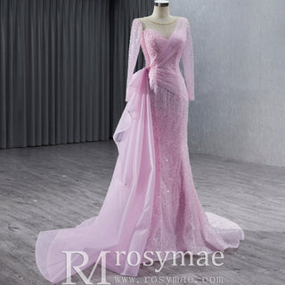 Stylish Beaded Long Sleeve Pink Pageant Gown Mermaid Wedding Dress