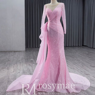 Stylish Beaded Long Sleeve Pink Pageant Gown Mermaid Wedding Dress