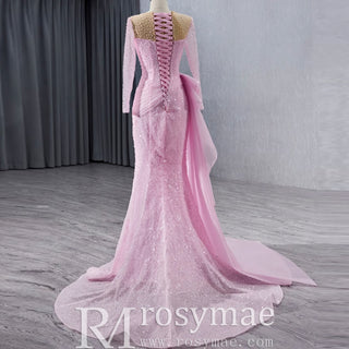 Stylish Beaded Long Sleeve Pink Pageant Gown Mermaid Wedding Dress