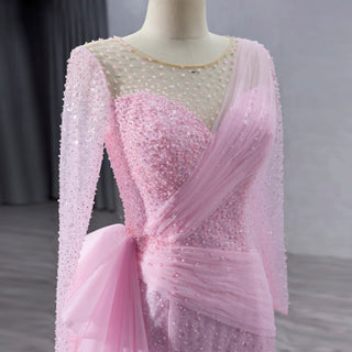 Stylish Beaded Long Sleeve Pink Pageant Gown Mermaid Wedding Dress