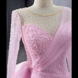 Stylish Beaded Long Sleeve Pink Pageant Gown Mermaid Wedding Dress