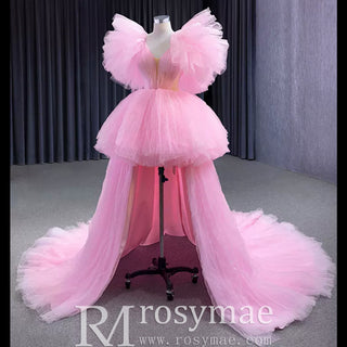 High Low Tiered Pageant Dress Ruffled Prom Gown with Puffy Sleeve