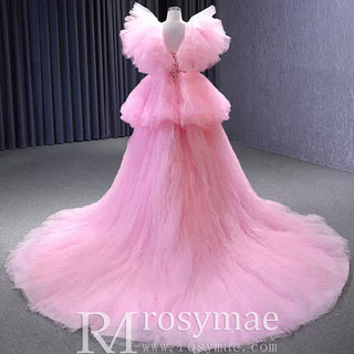High Low Tiered Pageant Dress Ruffled Prom Gown with Puffy Sleeve