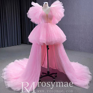 High Low Tiered Pageant Dress Ruffled Prom Gown with Puffy Sleeve