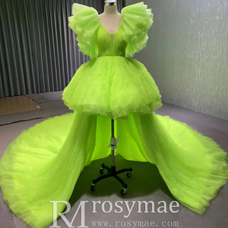 High Low Tiered Pageant Dress Ruffled Prom Gown with Puffy Sleeve