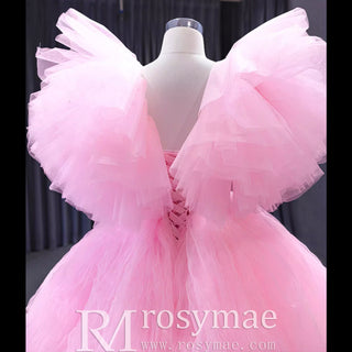 High Low Tiered Pageant Dress Ruffled Prom Gown with Puffy Sleeve