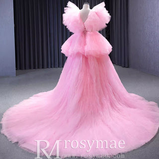 High Low Tiered Pageant Dress Ruffled Prom Gown with Puffy Sleeve