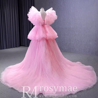 High Low Tiered Pageant Dress Ruffled Prom Gown with Puffy Sleeve