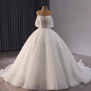 Sparkly Ball Gown Off the Shoulder Wedding Dress with Sheer Bodice