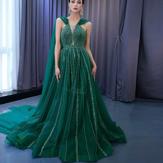 Sparkly Green Tulle Wedding Dress Formal Pageant Dress with Long Cape