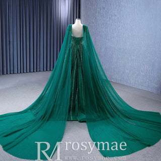 Sparkly Green Tulle Wedding Dress Formal Pageant Dress with Long Cape