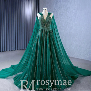 Sparkly Green Tulle Wedding Dress Formal Pageant Dress with Long Cape