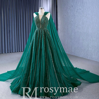 Sparkly Green Tulle Wedding Dress Formal Pageant Dress with Long Cape