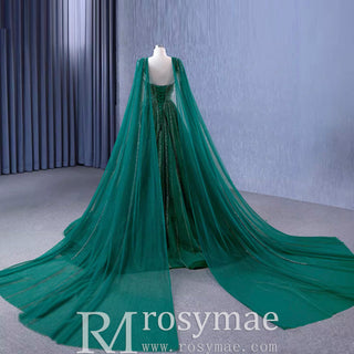 Sparkly Green Tulle Wedding Dress Formal Pageant Dress with Long Cape