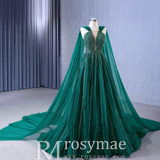 Sparkly Green Tulle Wedding Dress Formal Pageant Dress with Long Cape