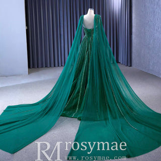 Sparkly Green Tulle Wedding Dress Formal Pageant Dress with Long Cape