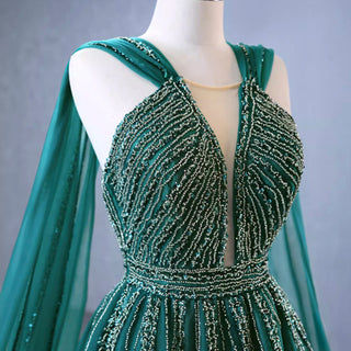 Sparkly Green Tulle Wedding Dress Formal Pageant Dress with Long Cape