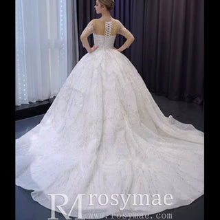 Sparkly Sheer Long Sleeve Puffy Skirt Ball Gown Wedding Dress