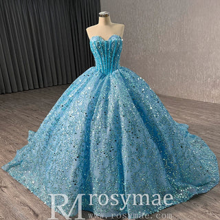 Sparkly Sequin Lace Puffy Skirt Quinceanera Dress with Sweetheart Neck