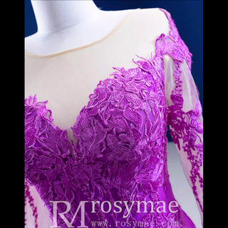 luxury Evening Wear Long Sleeve Lace Party Dress Purple Prom Gown