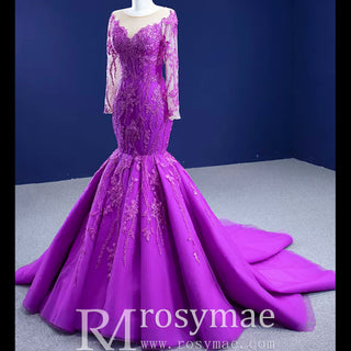 luxury Evening Wear Long Sleeve Lace Party Dress Purple Prom Gown