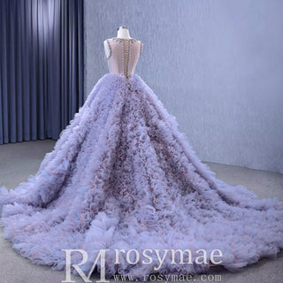 Ruffled Ball Gown High Sheer Neck Wedding Dress with Rhinestone Bodice