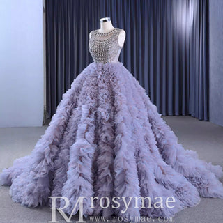 Ruffled Ball Gown High Sheer Neck Wedding Dress with Rhinestone Bodice