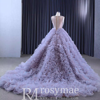 Ruffled Ball Gown High Sheer Neck Wedding Dress with Rhinestone Bodice